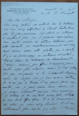 Scrisoare In Franceza A Lui George Oprescu Despre Arta 1935