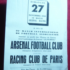 Anunt- Reclama - Meci -Arsenal Fotbal Club contra Racing Club de Paris nov.1938