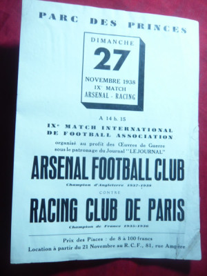 Anunt- Reclama - Meci -Arsenal Fotbal Club contra Racing Club de Paris nov.1938 foto