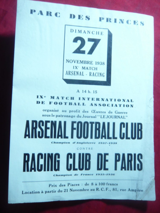 Anunt- Reclama - Meci -Arsenal Fotbal Club contra Racing Club de Paris nov.1938