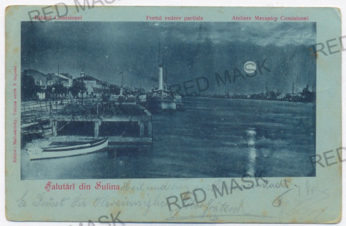 3474 - SULINA, Tulcea, harbor, ship, Litho - old postcard - used - 1900
