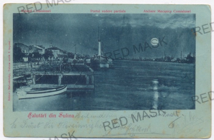 3474 - SULINA, Tulcea, harbor, ship, Litho - old postcard - used - 1900