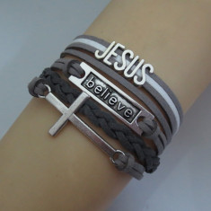 Bratara piele impletita pandantiv believe JESUS foto