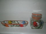 Set consimente vechi interbelic din sticla manual pictat cu design floral.