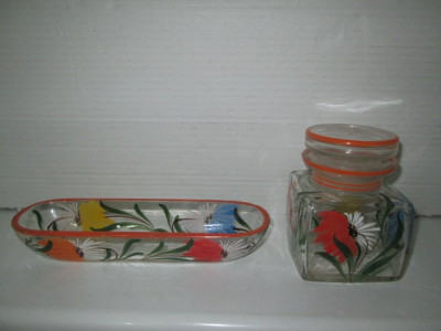 Set consimente vechi interbelic din sticla manual pictat cu design floral. foto