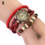 Ceas dama Fashion Turnul Eiffel bratara piele rosie aspect vintage cutie cadou, Analog, Metal necunoscut, Geneva