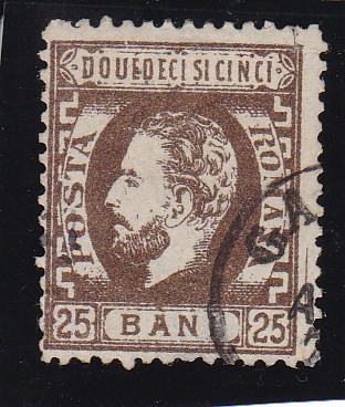 ROMANIA 1872 LP 37 CAROL I CU BARBA DANTELAT VALOAREA 25 BANI SEPIA STAMPILAT