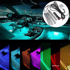 Kit auto RGB LED 5050 cu telecomanda pt lumini picioare multicolore priza auto foto