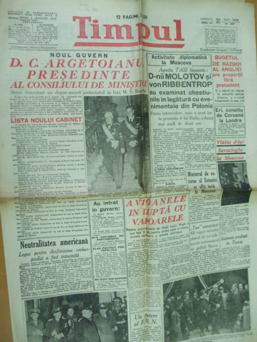 Timpul 30 septembrie 1939 guvern Argetoianu avion Gerea pictura tenis Baneasa