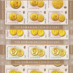 ROMANIA 2006 LP1710 a ISTORIA MONEDEI DE AUR MINICOLI 7 TIMBRE + 2VINIETE MNH