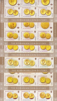 ROMANIA 2006 LP1710 a ISTORIA MONEDEI DE AUR MINICOLI 7 TIMBRE + 2VINIETE MNH foto