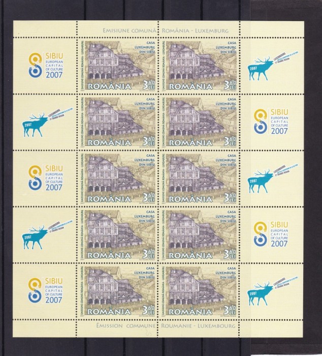 ROMANIA 2007 LP 1780 b EM.COM. ROM-LUXEMB. MINICOALA 10 TIMBRE + 10 VIN. MNH