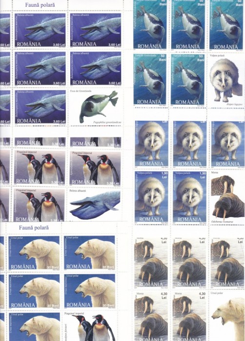 ROMANIA 2007 LP 1791 b FAUNA POLARA MINICOLI 8 TIMBRE + 1 VINIETA MNH