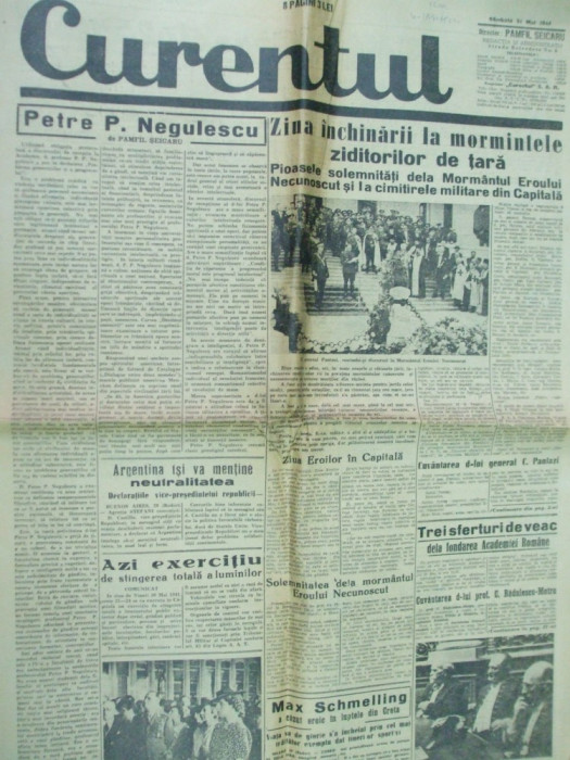 Curentul 31 mai 1941 Negulescu ziua eroilor Bucuresti salon oficial premii