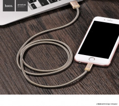 Cablu Hoco U5, USB + Lightning, cablu imbracat inele otel inoxidabil, GOLD foto
