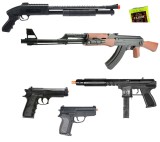 SUPER SET 5 ARME AIRSOFT CALIBRU 6 MM,PUSCA,MITRALIERA,PISTOALE+1000 BILE BONUS.