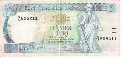 MALTA 5 LIRE 1967(1994) VF foto