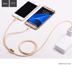 Cablu textil Hoco 2in1 incarcare multipla,USB + Lightning + MicroUSB, gold foto