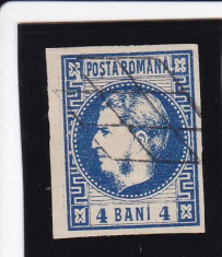 ROMANIA 1868 , CAROL I CU FAVORITI VALOAREA 4 BANI ALBASTRU STAMPILAT foto