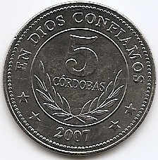 Nicaragua 5 Cordobas 2007 - 27.8 mm KM-90.1 UNC !!! foto