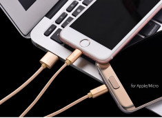 Cablu de incarcare textil 2 in 1 Hoco, USB + Lightning, MicroUSB, iPhone,Samsung foto