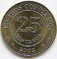 Nicaragua 25 Centavos 2002 - 23.21 mm KM-99 UNC !!! foto