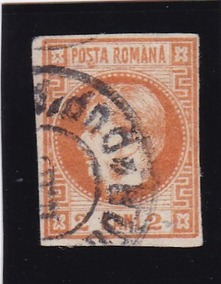 ROMANIA 1868 LP 21 CAROL I CU FAVORITI VALOAREA 2 BANI PORTOCALIU STAMPILAT