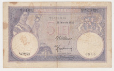 ROMANIA 5 lei 1920 VF+ pliu pe mijloc data lunga foto