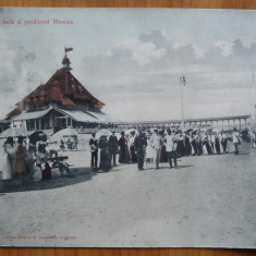 Plaja , baile si pavilionul Mamaia , Constanta ; Carte postala dubla ,1900