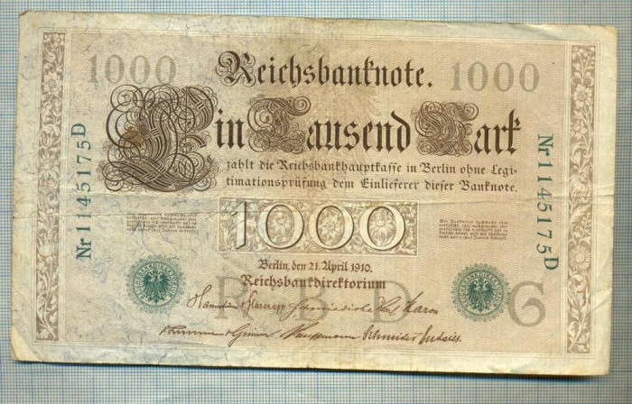 A1008 BANCNOTA-GERMANIA-1000 MARK -ANUL 1910 -SERIA 1145175-starea care se vede