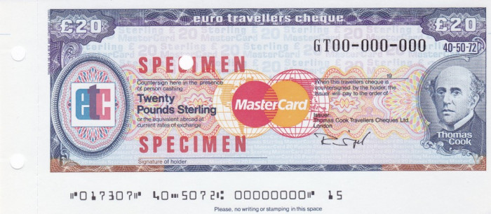 Cec de calatorie Thomas Cook - MasterCard 20 Lire sterline SPECIMEN