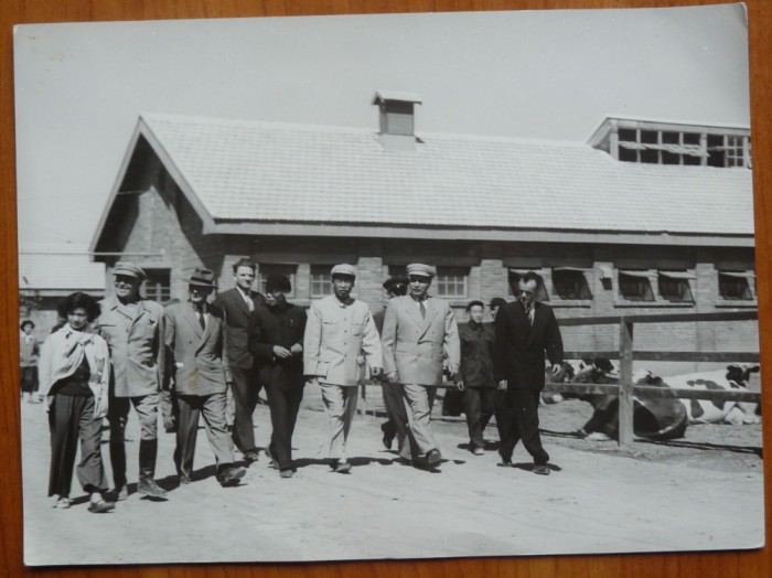 Dr. Petru Groza si Gheorghe Apostol in vizita in China, vizitand o ferma, 1954, cu banderola chineza de ziar