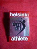 Insigna Campionate Europene Atletism 1971,h= 4,6 cm ,metal si plastic Helsinki