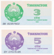 Bancnota Uzbekistan 3 si 5 Sum 1992 - P62/63 UNC (set 2 bancnote) foto