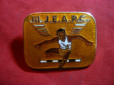 Insigna Campionate Europene de Atletism III-JEAP , 4,1x3,2 cm ,metal si email