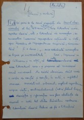 Eseu literar scris olograf de Nicolae Manolescu pe 5 pagini si semnat foto
