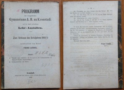Programul Gimnaziului Protestant din Brasov , 1868 - 1869 , Brasov , 1869 foto