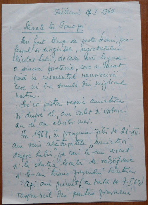 Scrisoare Prof. Socoleanu din Falticeni despre Nicolae Labis catre Tomozei ,1969