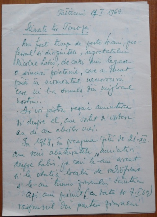 Scrisoare Prof. Socoleanu din Falticeni despre Nicolae Labis catre Tomozei, 1969