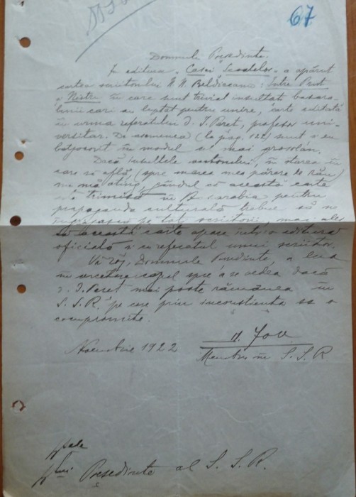 Adresa catre Presed. Societatii Scriitorilor Romani a lui D. Iov &icirc;mpotriva lui N. N. Beldiceanu care l-a insultat in cartea &Icirc;ntre Prut si Nistru, 1922