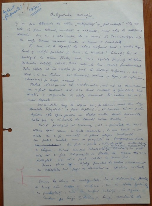 5 pagini de manuscris Maria Banus, scrise si semnate olograf, 1970, Eseul: Ambiguitatea situatiei