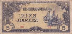 OCUPATIA JAPONEZA IN BURMA 5 rupees 1942 VF-!!! foto
