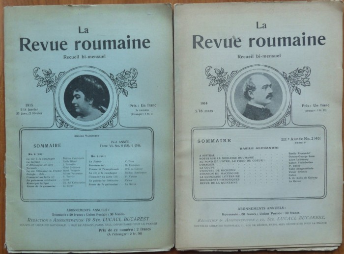 La Revue roumaine ; Revista romana , 1914 - 1915 , 2 reviste , un numar dublu