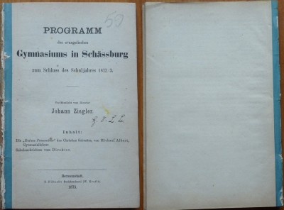 Schesaus , Ruina panonica , in Programul Gimnaziului Protestant , Sibiu , 1873 foto