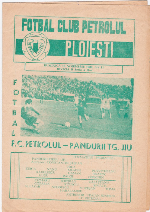 Program meci fotbal PETROLUL PLOIESTI - PANDURII TARGU-JIU 16.11.1980