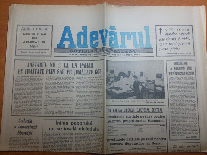 ziarul adevarul 23 mai 1990-rezultatele partiale-iliescu a primit 85% din voturi