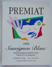 Eticheta romaneasca pentru vin - Souvignon Blanc - Tarnave 1992 foto