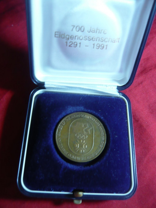 Placheta Jocurile Olimpice de Iarna 1984 Los Angeles-Sarajevo,bronz aurit ,3cm