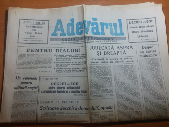 ziarul adevarul 1 februarie 1990-abolirea pedepsei capitale + calendarul crestin
