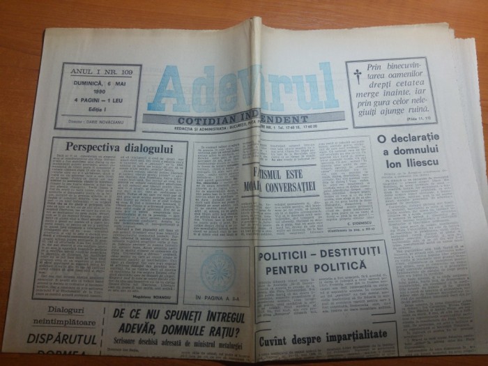 ziarul adevarul 6 mai 1990 -declaratie a lui ion iliescu